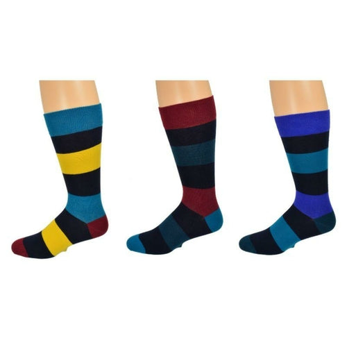 Combed Cotton Colorful Rugby Striped Patterned Men's 3 Pr. Pack Socks