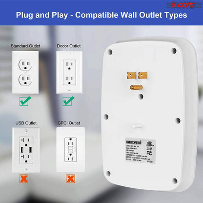 5 Core 6 Outlet Wall Plug Extender with 4 USB Ports (4.8A Total),