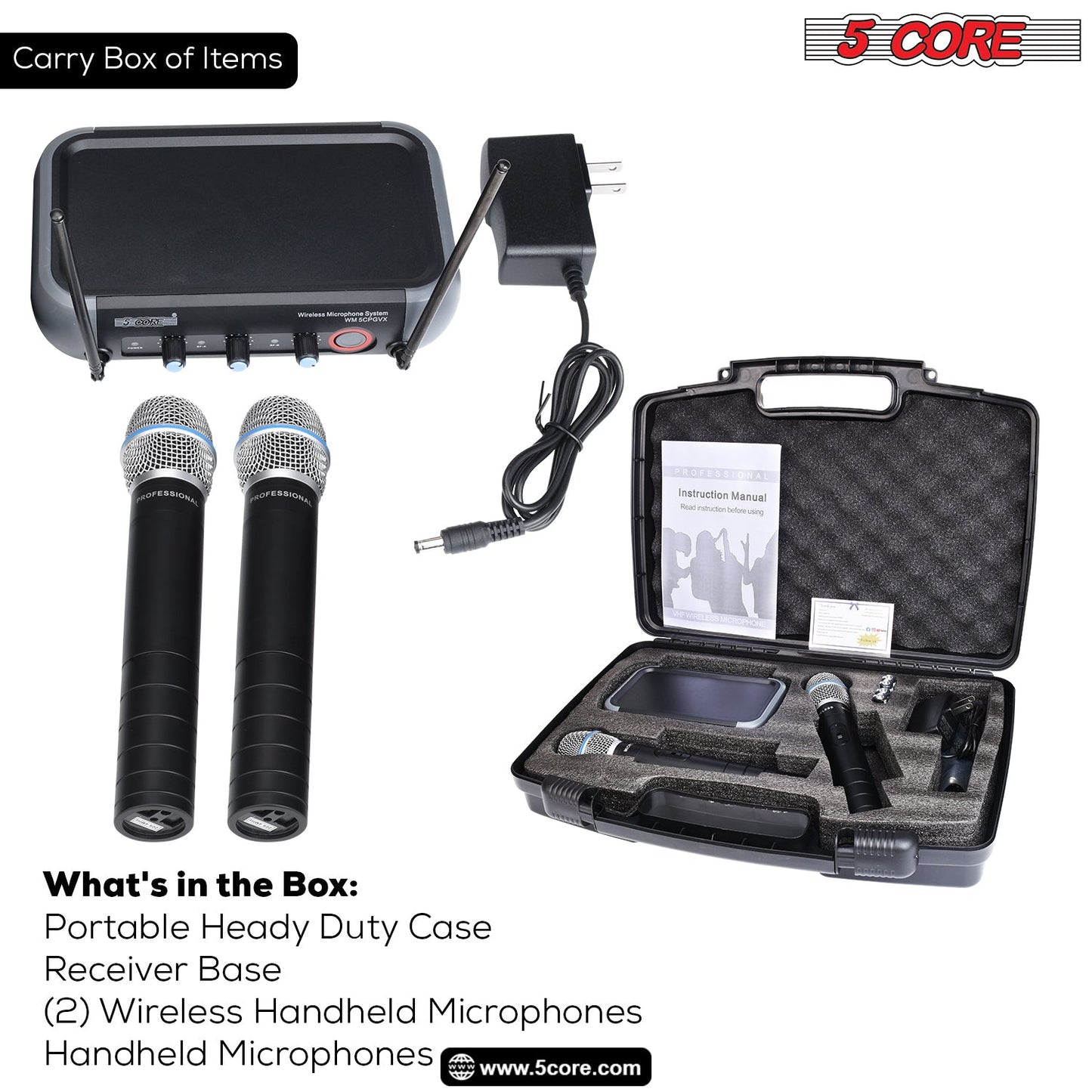 5Core Professional Wireless Microphone System with case, VHF Dual 2