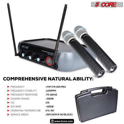 5Core Professional Wireless Microphone System with case, VHF Dual 2