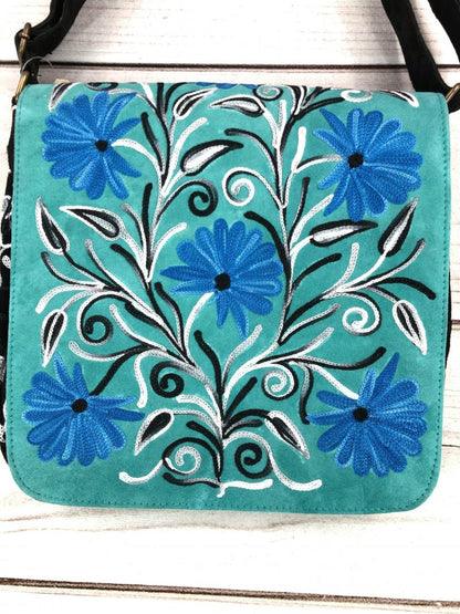 Handmade Blue and Green Suede Embroidered Messenger Bag