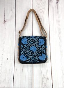 Handmade Blue and Black Suede Embroidered Messenger Bag