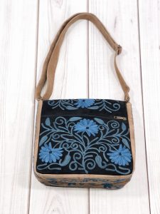 Handmade Blue and Black Suede Embroidered Messenger Bag