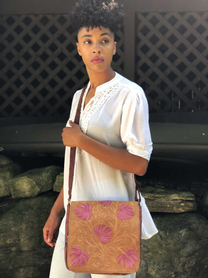 Handmade Beige and Mauve Suede Embroidered Messenger Bag