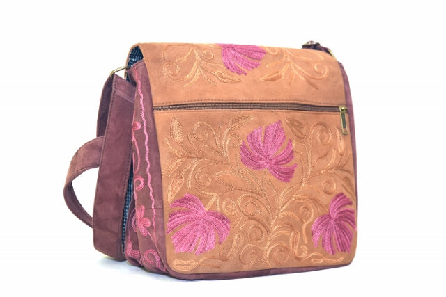 Handmade Beige and Mauve Suede Embroidered Messenger Bag