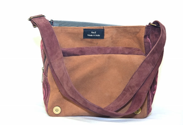 Handmade Beige and Mauve Suede Embroidered Messenger Bag