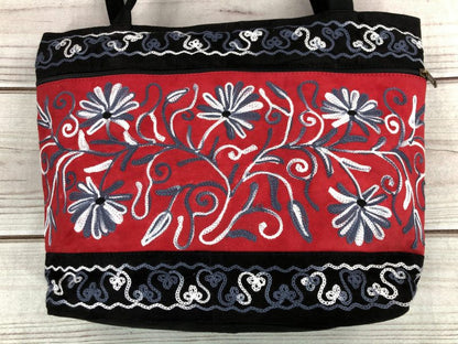 Handmade Red and Black Suede Embroidered Tote Bag