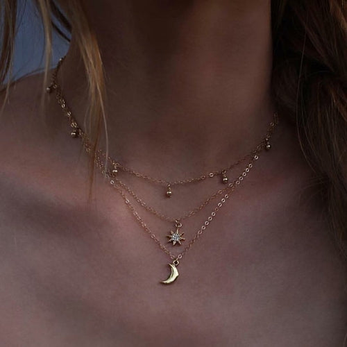 Moon Star Bead Three Layer Necklace