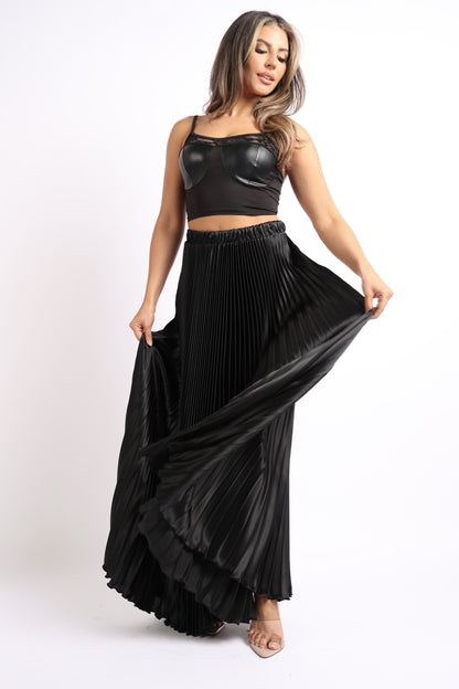 Elastic High Waist A-Line Pleated Satin Maxi Skirt BLACK