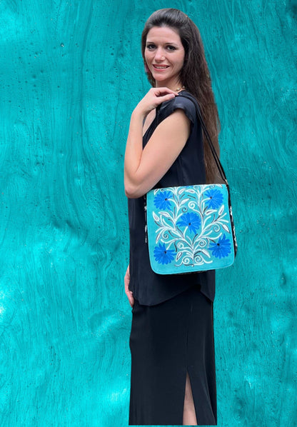 Handmade Blue and Green Suede Embroidered Messenger Bag