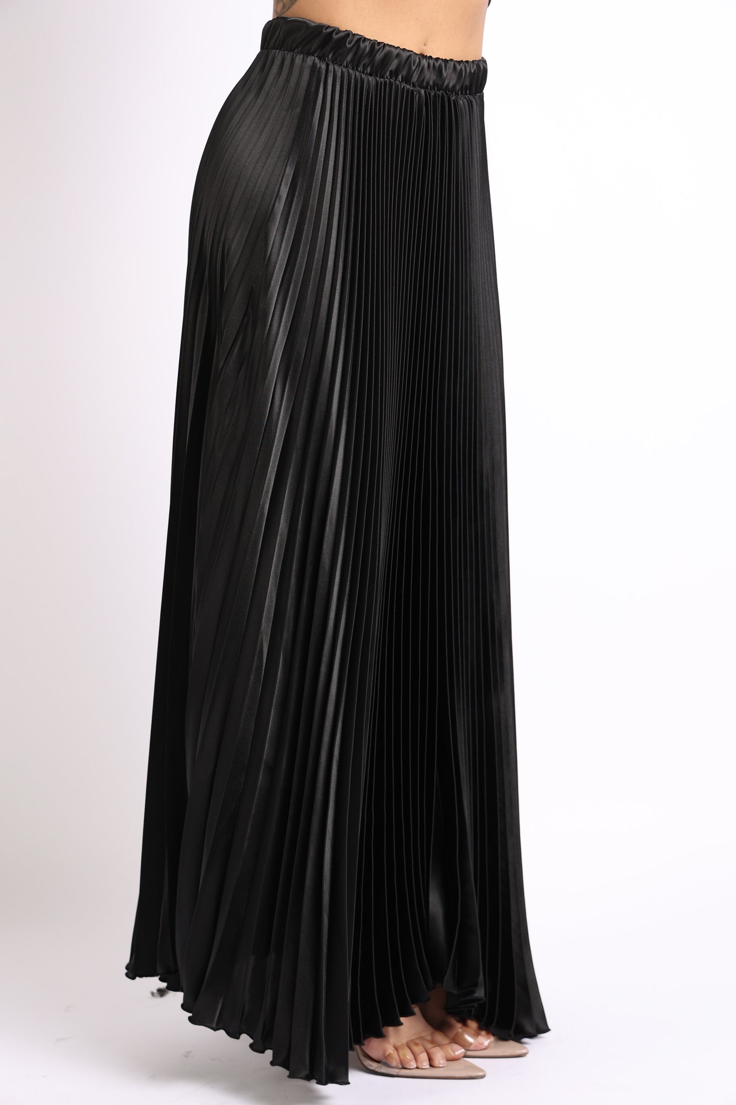 Elastic High Waist A-Line Pleated Satin Maxi Skirt BLACK