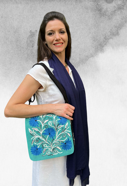 Handmade Blue and Green Suede Embroidered Messenger Bag