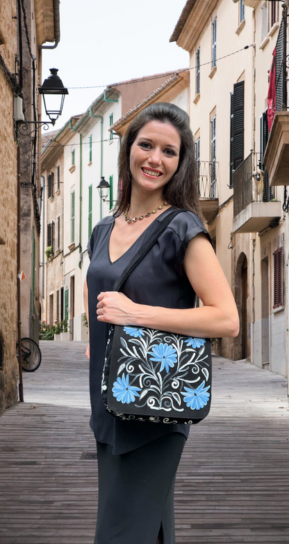Handmade Blue and Black Suede Embroidered Messenger Bag