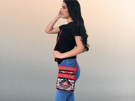 Suede Embroidered Five Zipper Cross-Body Bag