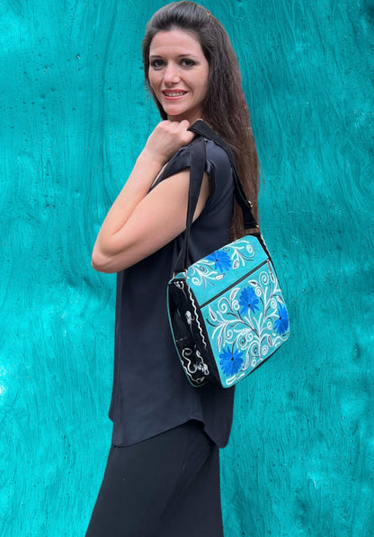 Handmade Blue and Green Suede Embroidered Messenger Bag