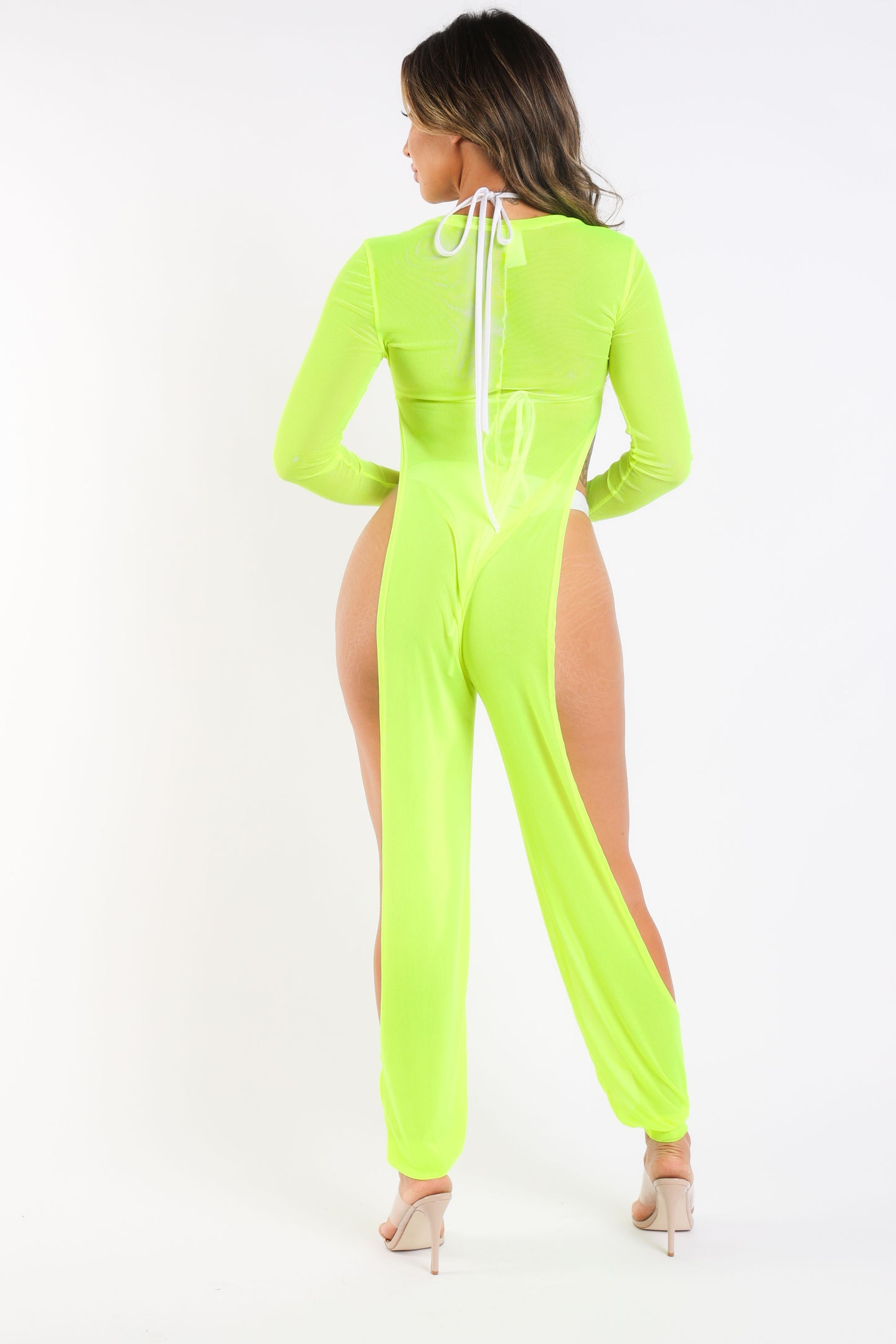 Sexy Mesh Cover Up Jumpsuit Summer Bodycon Beachwear NEON YELLOW