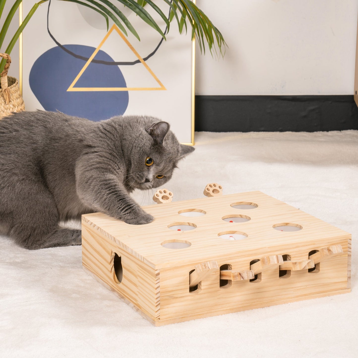 Mewoofun 8 Holes Cat Toys Interactive Whack-a-mole Solid Wood Toys for