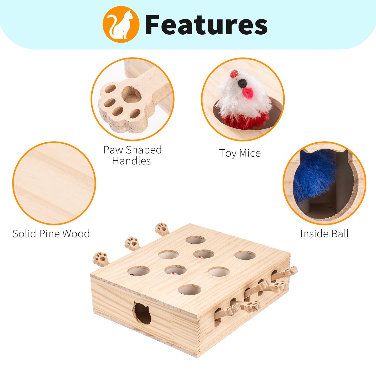 Mewoofun 8 Holes Cat Toys Interactive Whack-a-mole Solid Wood Toys for