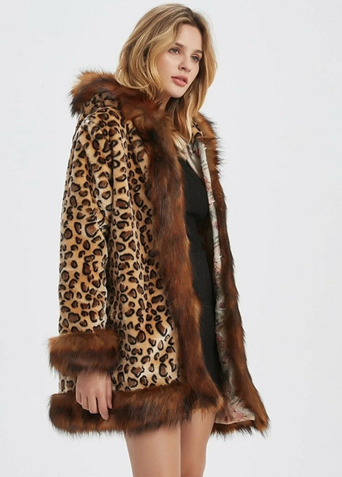 Womens Leopard Print Hooded Faux Fur Collar Jacket