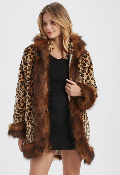 Womens Leopard Print Hooded Faux Fur Collar Jacket