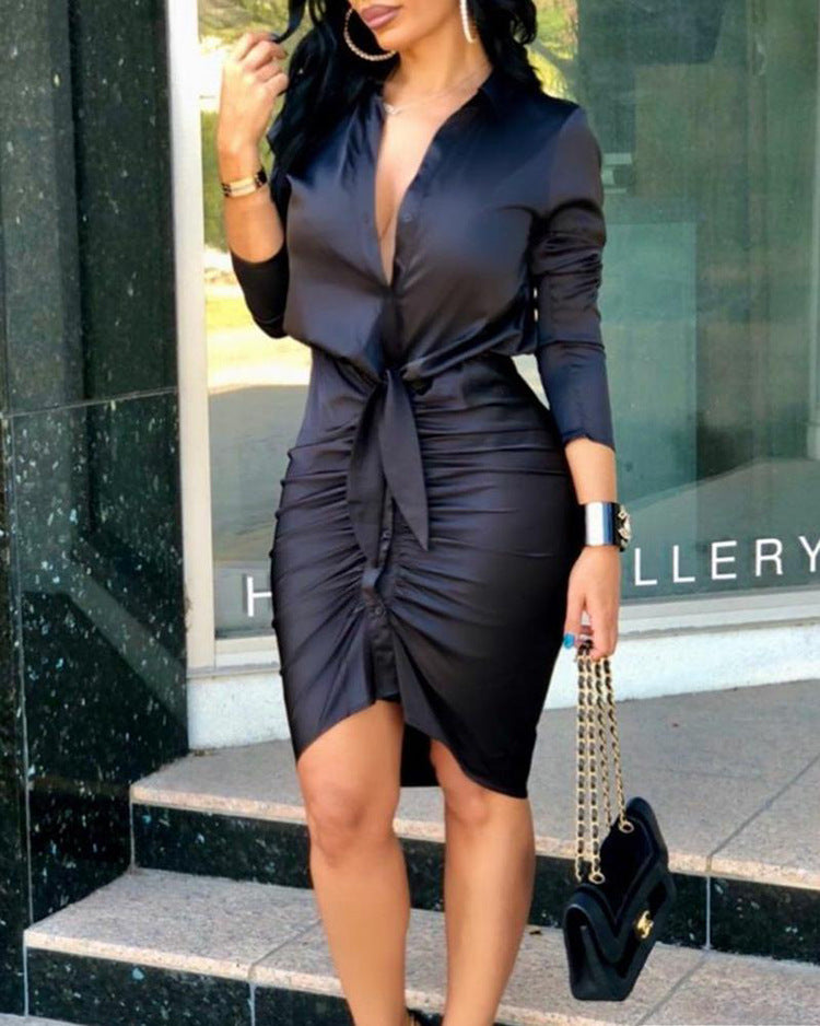 Women Lace-up Solid Color Long Sleeve Midi Dress