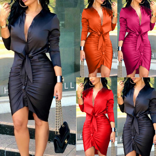 Women Lace-up Solid Color Long Sleeve Midi Dress
