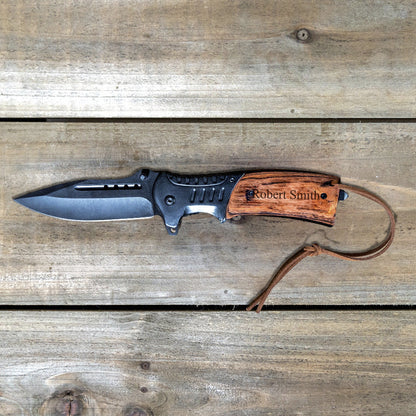 Personalized Wood Handle Hunting Knife With Wrist Lanyard