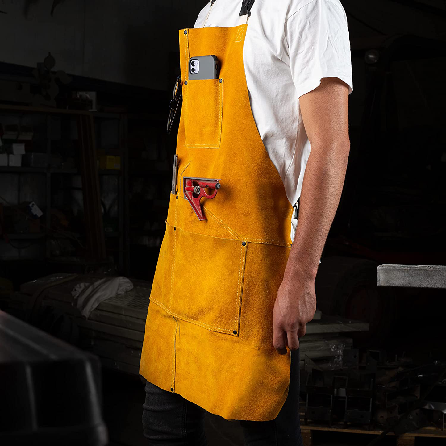 Heavy Duty Leather Welding Apron For Men -Cowhide blacksmith apron 6 Pockets - Fire Resistant Work Apron - Leather Apron For Welders - Blacksmith Apron