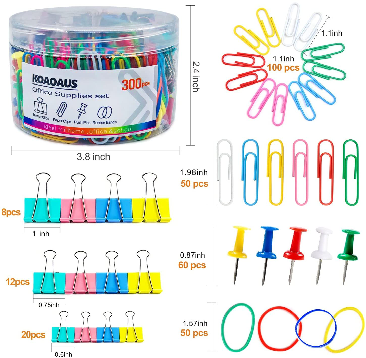 300 Pcs Binder Clips Paper Clips Push Pins, Medium Mini Binder Clips Combination, Jumbo and Small Paper Clips, Tacks, Rubber Bands，Office Supplies School Supplies, KOAOAUS Multi-Color Color Set.