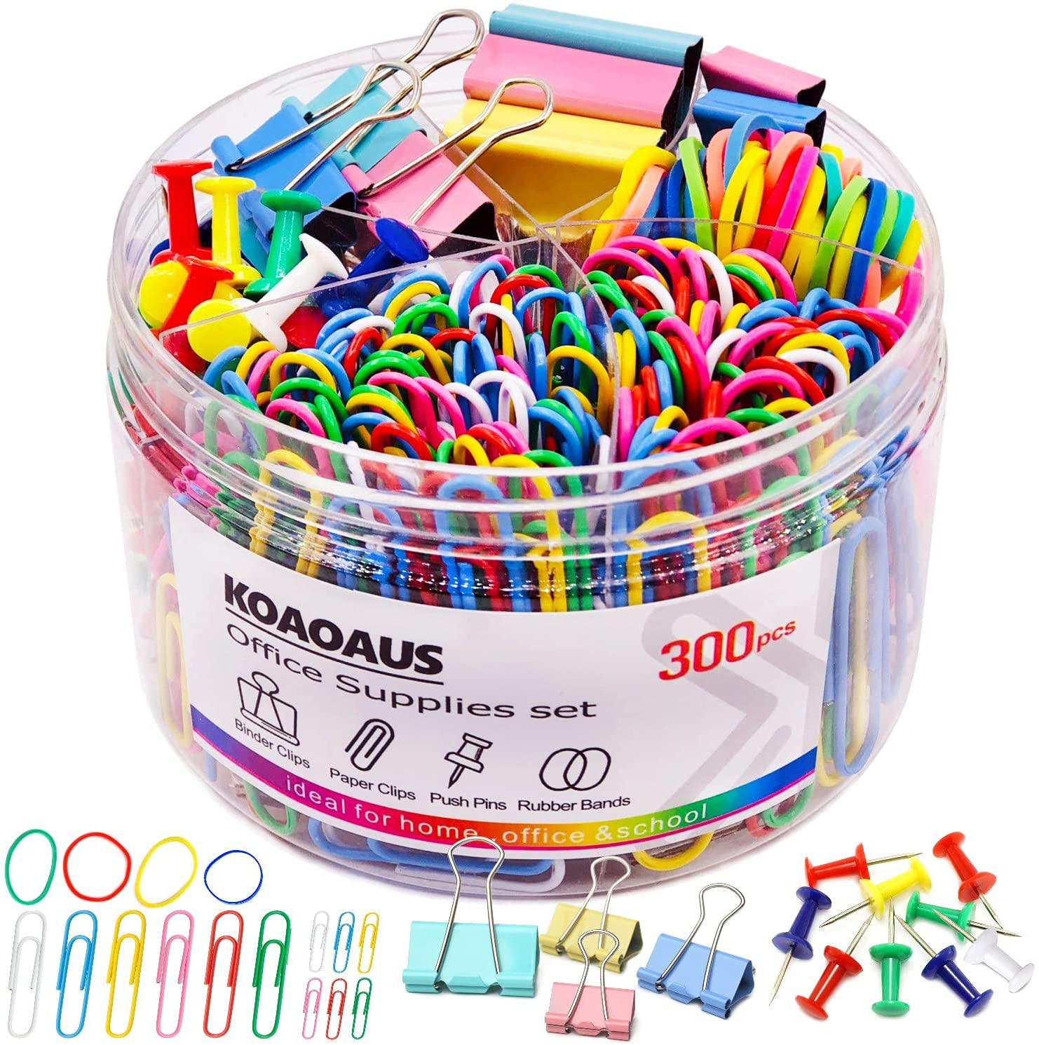 300 Pcs Binder Clips Paper Clips Push Pins, Medium Mini Binder Clips Combination, Jumbo and Small Paper Clips, Tacks, Rubber Bands，Office Supplies School Supplies, KOAOAUS Multi-Color Color Set.