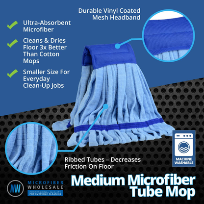 Commercial Mop Head Replacement - Medium Microfiber Tube Mop (14 oz.) | Industrial Wet Mops | Refill Heads, Machine Washable, Heavy Duty | Hardwood, Tile, Laminate, Vinyl Floors (Red)