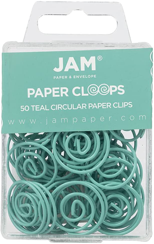 JAM PAPER Circular Paper Clips - Round Paperclips - Teal - 50/Pack