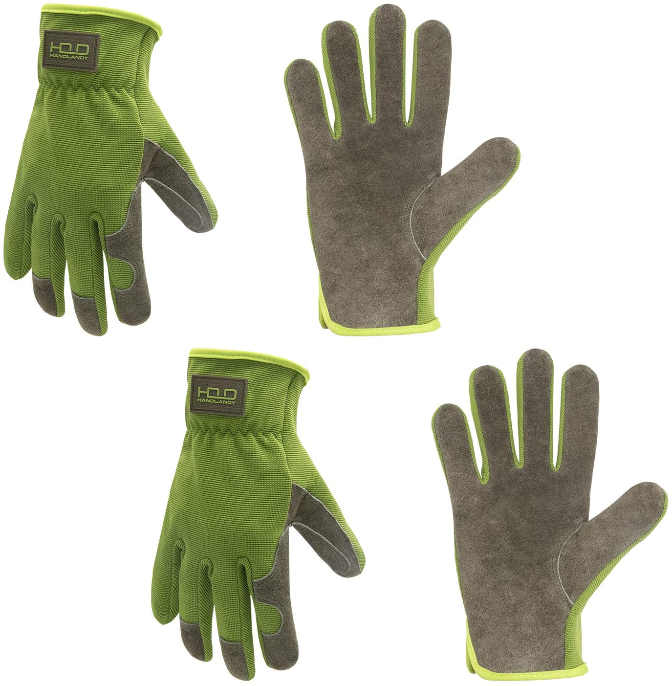 Leather Work Gloves for Men & Women, 2 Pairs Cowhide Gardening Gloves Utility Work Gloves for Mechanics, Construction, Driver (L, Green)