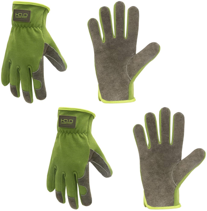 Leather Work Gloves for Men & Women, 2 Pairs Cowhide Gardening Gloves Utility Work Gloves for Mechanics, Construction, Driver (L, Green)