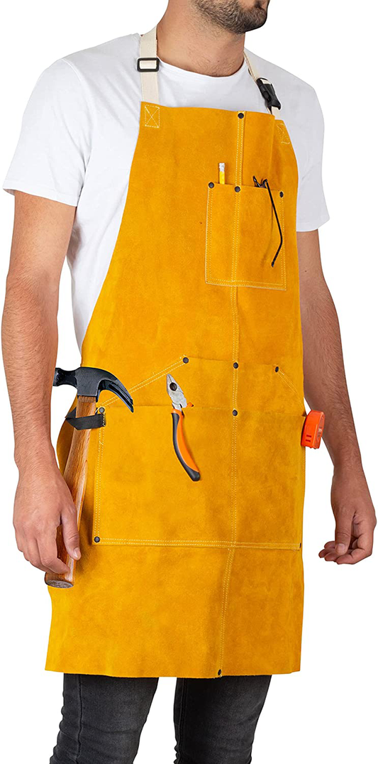 Heavy Duty Leather Welding Apron For Men -Cowhide blacksmith apron 6 Pockets - Fire Resistant Work Apron - Leather Apron For Welders - Blacksmith Apron