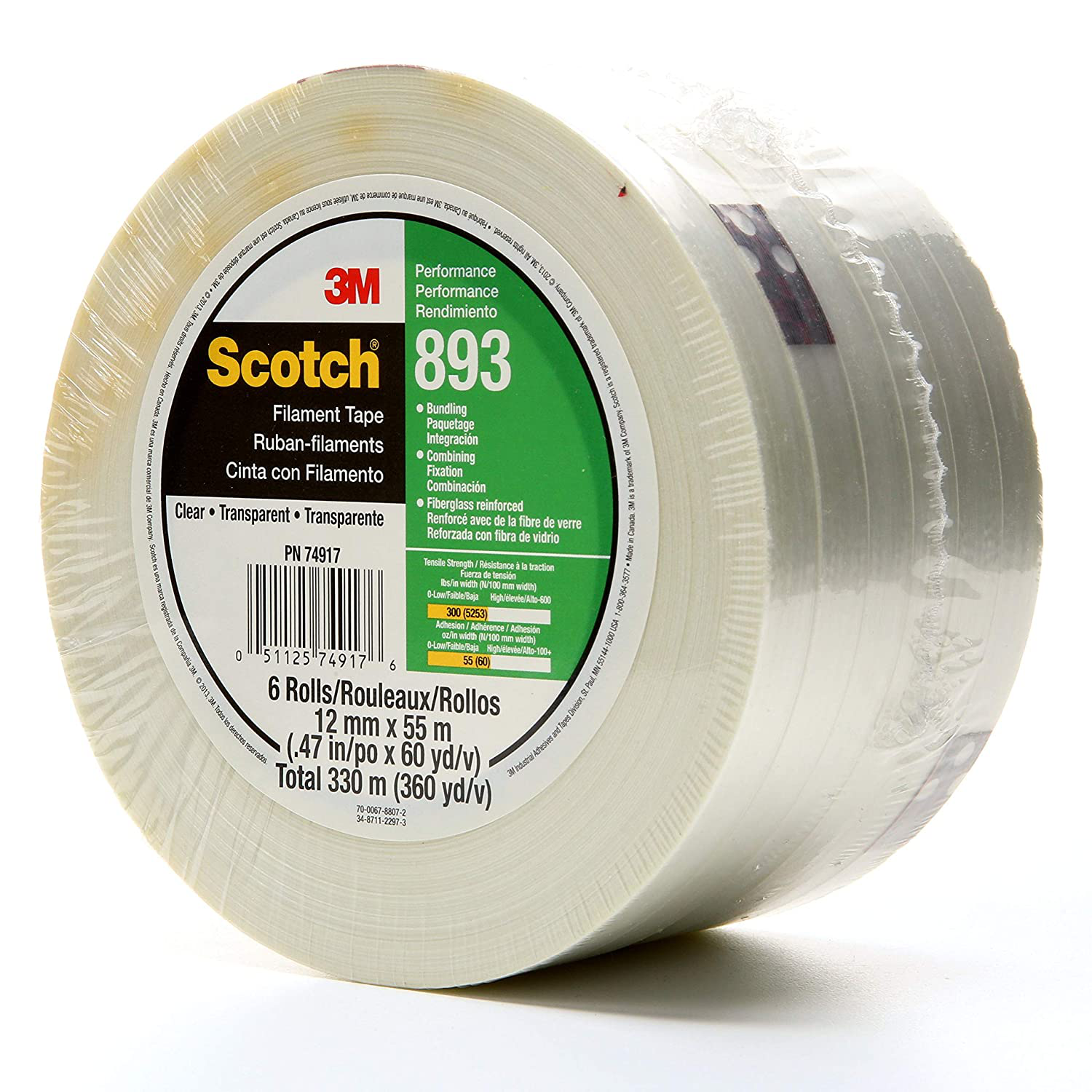 Scotch Filament Tape 893 Clear, 24 mm x 55 m, Conveniently Packaged (Pack of 2)