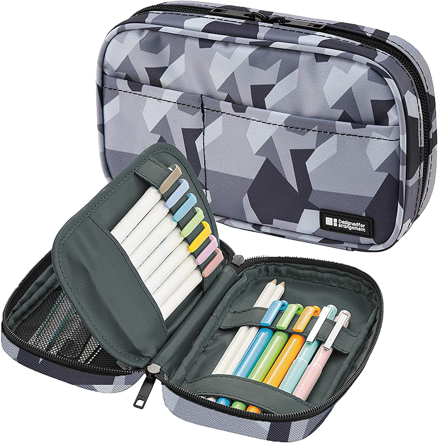 LIHIT LAB Triple Zipper Pen Case, 7.9 × 3.5 × 4.7 Inches, Ice Gray Camo (A7556-135)