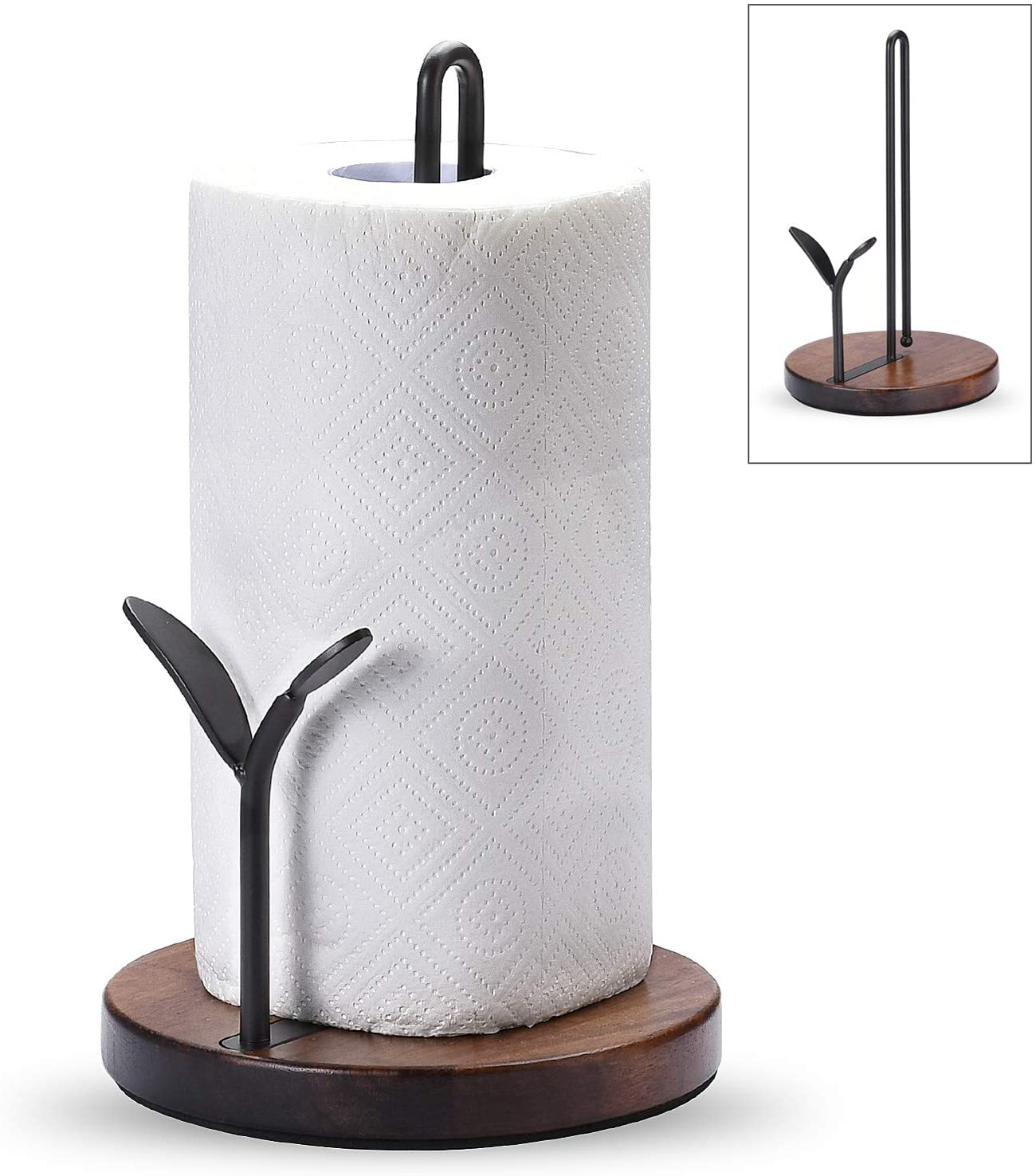 Standing Paper Towel Holder, Kitchen Paper Hanger Rack, Simply Tear Wooden Paper Towel Organizer Roll Dispenser for Cabinet Countertop Dining Room Table, Black(for 9" Paper)