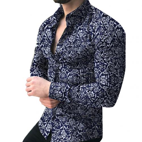 Plus Lapel printed long-sleeved casual floral shirt