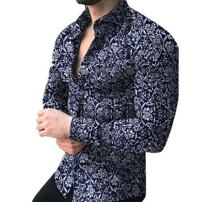 Plus Lapel printed long-sleeved casual floral shirt