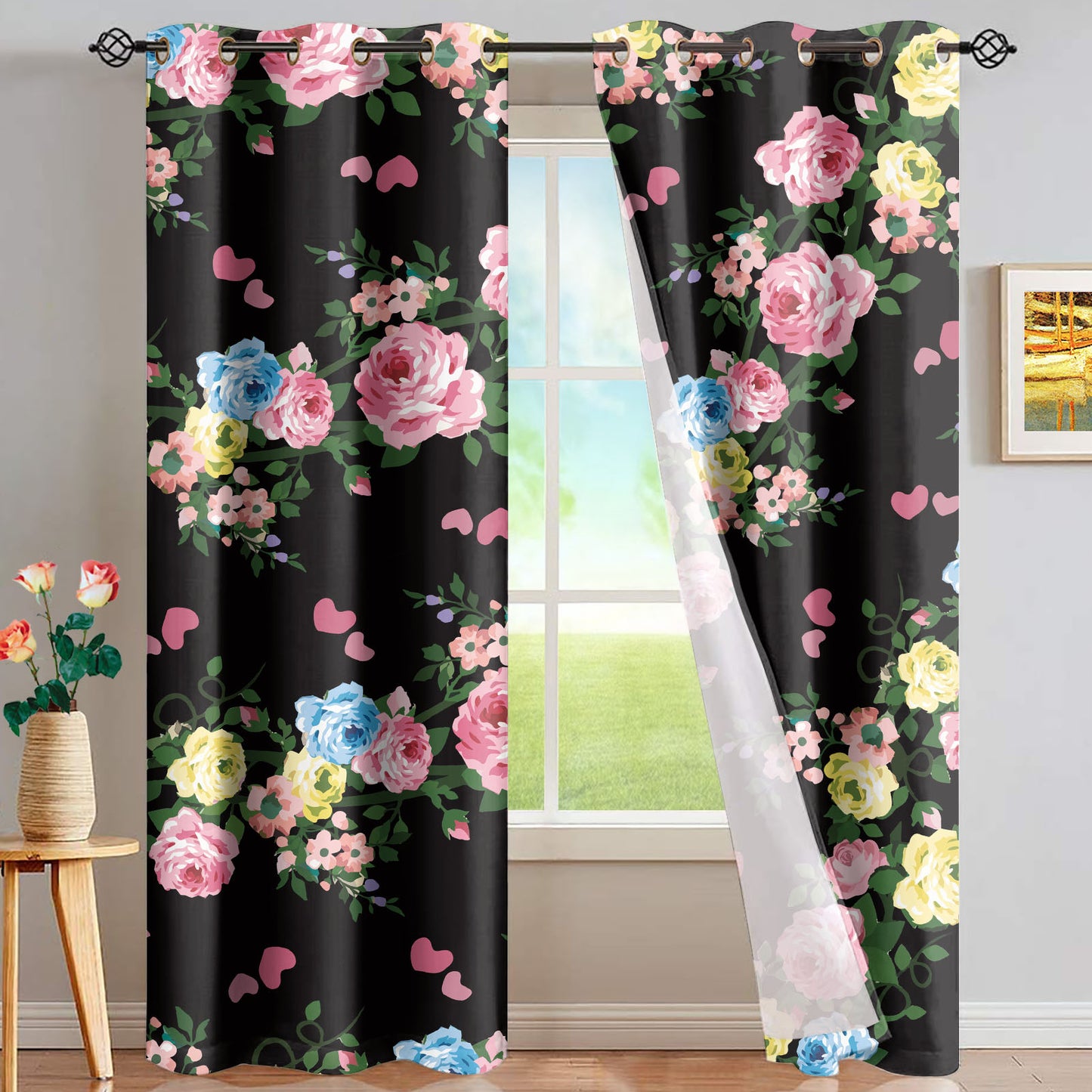 Floral Black Pink Chrysanthemum Print Window Curtains