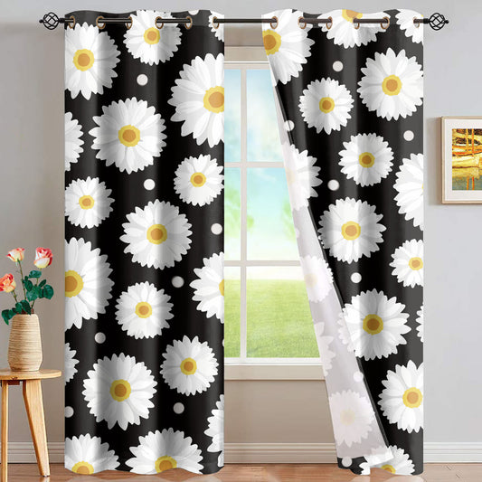 Floral Black Pink Chrysanthemum Print Window Curtains