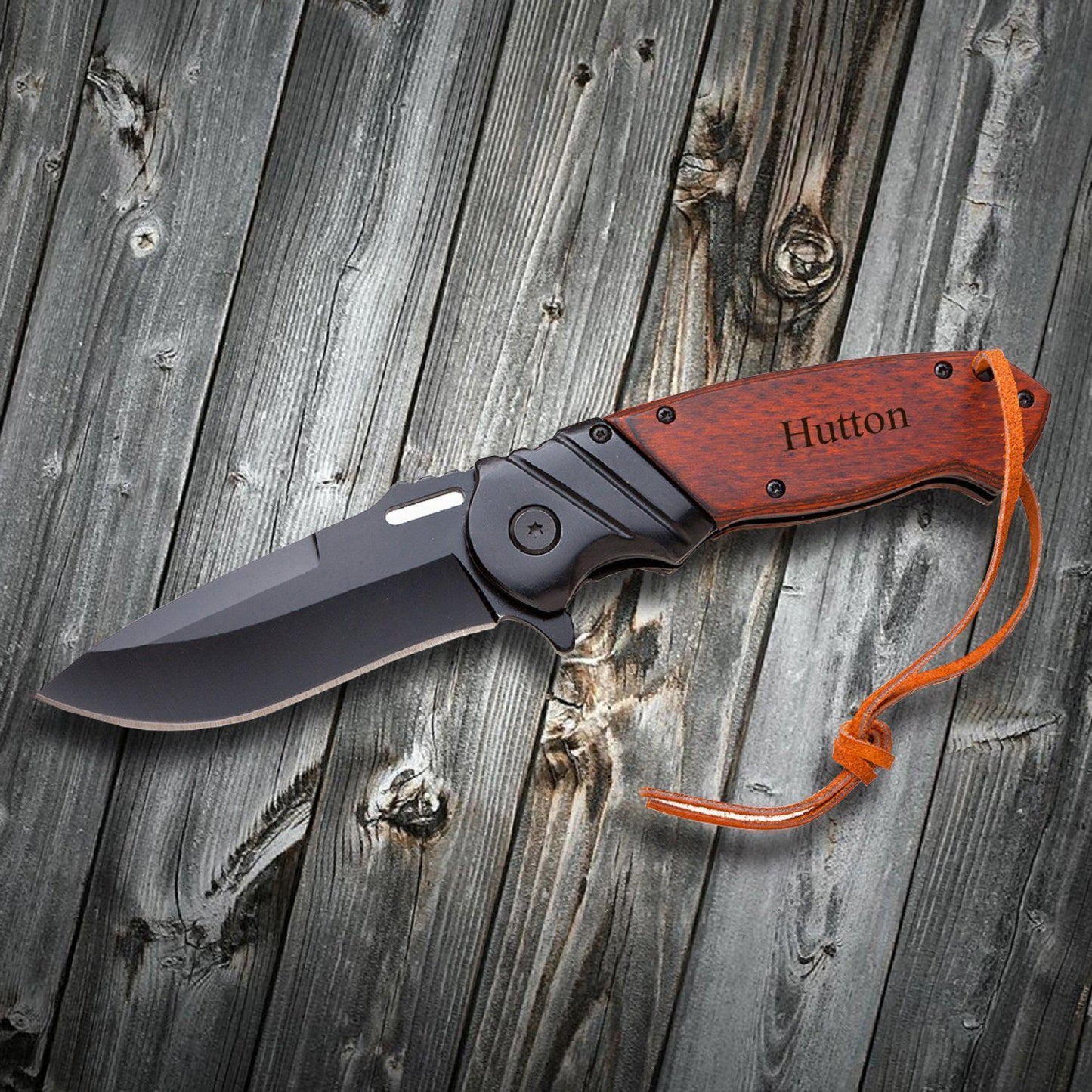 Personalized Wood Handle Hunting Knife With Wrist Lanyard