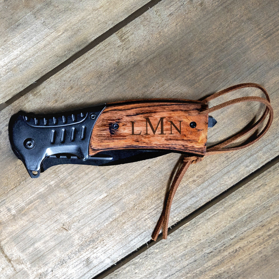 Personalized Wood Handle Hunting Knife With Wrist Lanyard