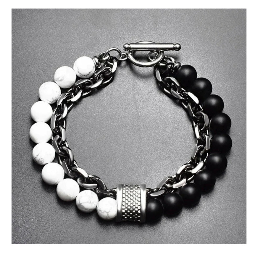 Men's Howlite and Onyx Bead and Chain Bracelet