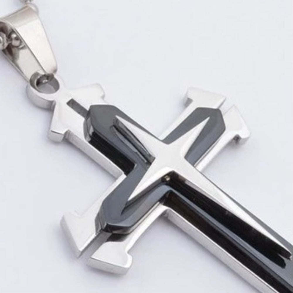 Mens Steel Cross Pendant Necklace