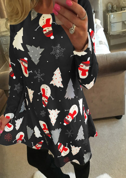 Women Fashion Christmas Snowman Print Long Sleeves Mini Party Dress