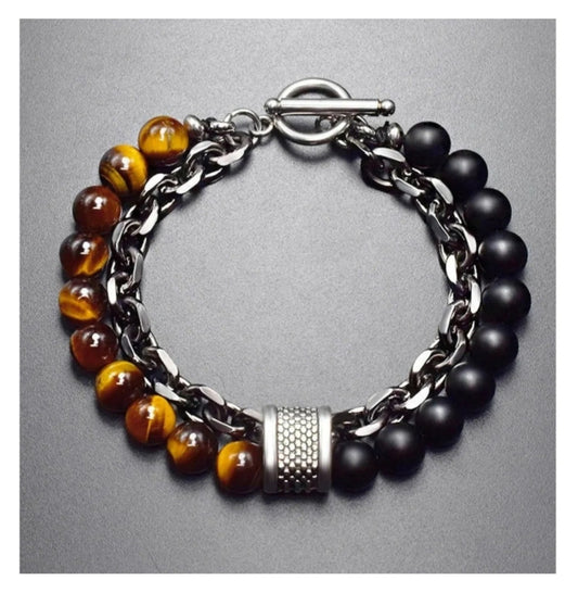 Men's Tigers Eye Bead and Chain Bracelet
