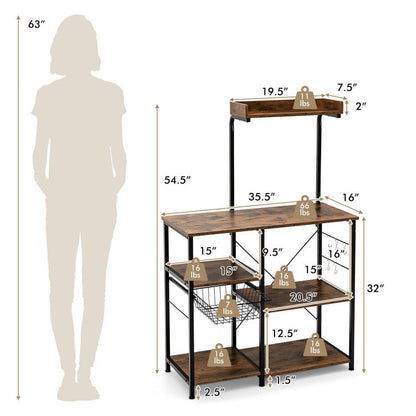 4-tier Kitchen Baker's Rack with Basket and 5 Hooks