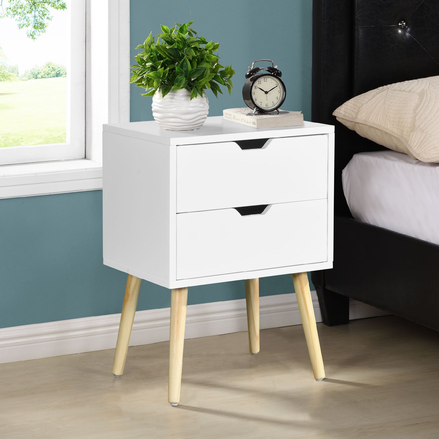 Side Table with 2 Drawer and Rubber Wood Legs